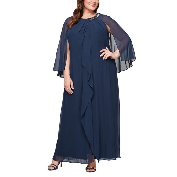 Alex Evenings Dresses & Skirts - NWT Alex Evenings Long Navy Chiffon Formal Dress with Sleeves